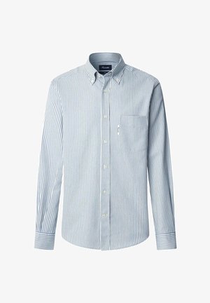 Overhemd met knopen in lichtblauw met witte verticale strepen. Bevat een kraag, lange mouwen en een borstzakje. Zachte stofstructuur.