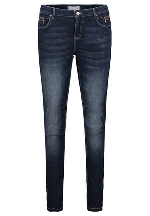 Donkerblauwe slim-fit jeans met voorzakken, knoop- en ritssluiting en vervaagde details op de dijen en knieën.