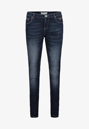 Dunkelblaue Slim-Fit-Jeans mit Vordertaschen, Knopf- und Reißverschluss sowie ausgebleichten Details an Oberschenkeln und Knien.