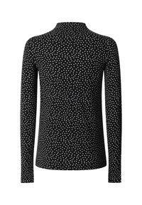 Fekete, hosszú ujjú, testhez simuló póló, fehér szabálytalan pöttyökkel és magas nyakkal, hátulról bemutatva fehér háttér előtt.