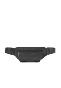 Czarna torba na biodra z zamkiem błyskawicznym z przodu, prostokątnego kształtu i regulowanym paskiem. Gładka tekstura z kontrastującymi akcentami.