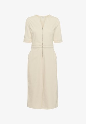 Kremna midi obleka iz bombažne tkanine, ki ima kratke rokave, sprednji zadrgo in oprijet pas s stranskimi žepi.