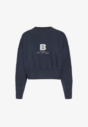 Felpa corta blu navy realizzata in materiale morbido, con scollo rotondo e logo ricamato con testo bianco.