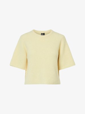 Short-sleeve yellow sweater made of ribbed fabric; features a round neckline and a boxy fit for a relaxed style.