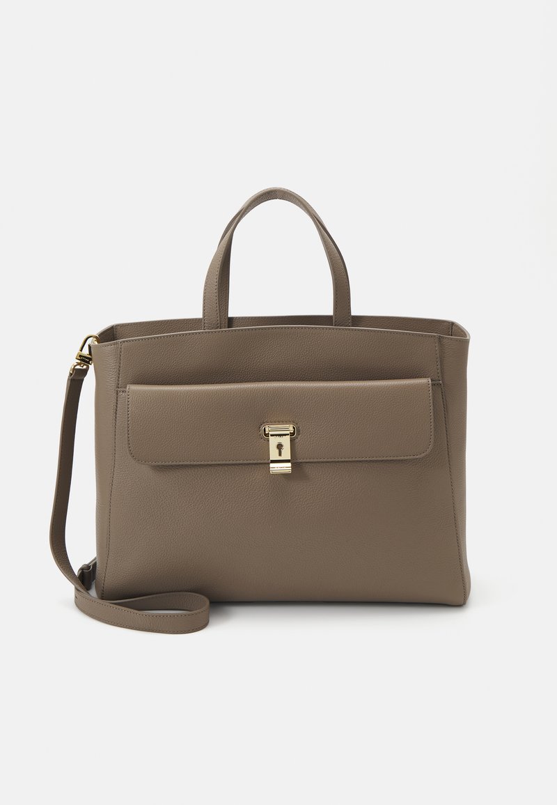 Brown leather tote bag with a structured shape, top handles, a detachable shoulder strap, and a front flap featuring a gold clasp.