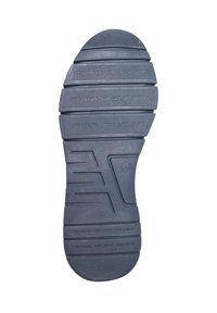 Semelle de chaussure en caoutchouc noir avec des motifs de texture, y compris des rainures et des sections surélevées pour l'adhérence. Présente la marque "TOM TAILOR".