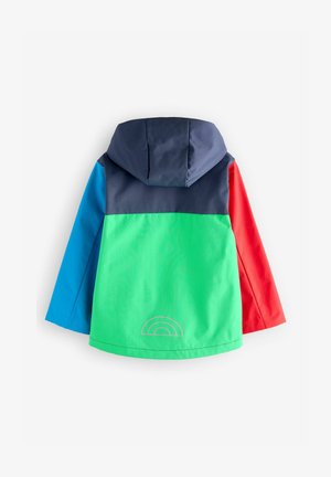 Värviline veekindel jope, millel on roheline keha, sinised varrukad ja punased rõhutused. Sisaldab kapuutsi ja õrna vikerkaare graafikat hemmi lähedal.