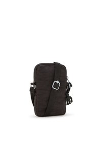 Black fabric crossbody bag with a zip closure, rectangular shape, adjustable strap, and a keychain attachment. Textured surface.