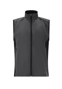 Ärmellose Weste in Dunkelgrau, leicht, mit hohem Kragen und Frontreißverschluss. Hat eine glatte Textur und kontrastierende schwarze Seitenpaneele.