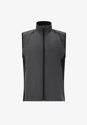 Ärmellose Weste in Dunkelgrau, leicht, mit hohem Kragen und Frontreißverschluss. Hat eine glatte Textur und kontrastierende schwarze Seitenpaneele.