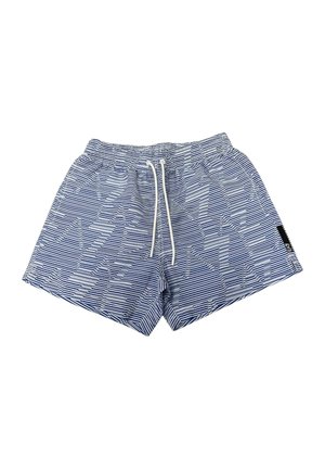 Costumi da bagno a righe blu e bianche con vita regolabile tramite cordoncino, caratterizzati da un motivo geometrico e un'etichetta con logo sul lato. Tessuto leggero.