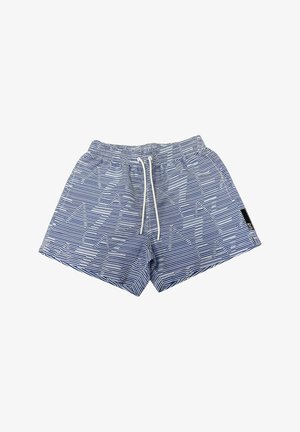 Costumi da bagno a righe blu e bianche con vita regolabile tramite cordoncino, caratterizzati da un motivo geometrico e un'etichetta con logo sul lato. Tessuto leggero.
