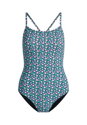 Maillot de bain une pièce avec fines bretelles et un motif floral multicolore en turquoise, violet et rose clair sur fond noir.