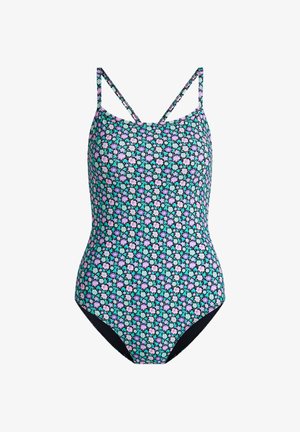 Maillot de bain une pièce avec fines bretelles et un motif floral multicolore en turquoise, violet et rose clair sur fond noir.