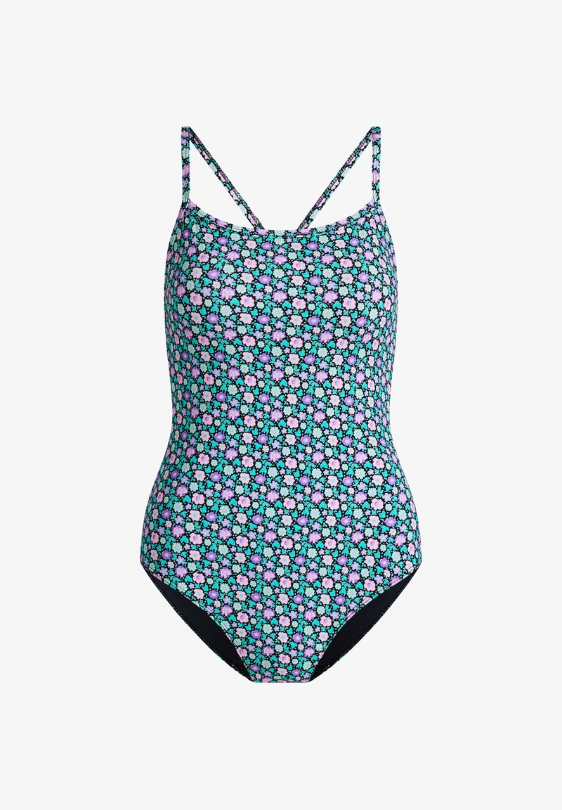 Maillot de bain une pièce avec fines bretelles et un motif floral multicolore en turquoise, violet et rose clair sur fond noir.