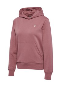 Kapuzensweatshirt aus pinkem Stoff, mit einer Fronttasche, gerippten Bündchen und Saum sowie einem kleinen gestickten Logo auf der Brust.