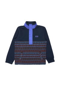 Fleece pullover met hoge kraag, marineblauwe bovenkant en een gemusterd bruine en blauwe onderkant. Voorzien van een drukknoopsluiting en zijzakken.