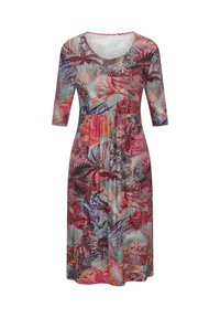 Kleid in mittellanger Form mit 3/4-Ärmeln, runder Halslinie und lebendigem Blumen- und Blattmuster in Rot-, Lila- und Grüntönen.