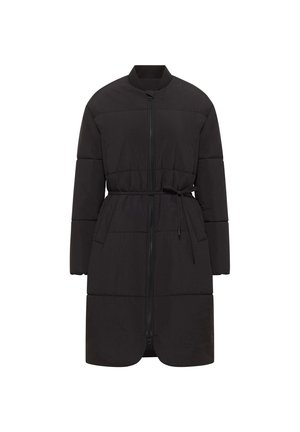 Schwarze gepolsterte Jacke mit einem Reißverschluss, langen Ärmeln, hohem Kragen und gebundenem Taillenbund. Mit Seitentaschen und gerader Saumlinie.