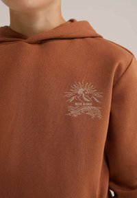 Bruine hoodie met een zachte textuur, voorzien van een witte geborduurde afbeelding van bergen, de zon en de tekst "BLUE RIDGE" aan de voorkant.