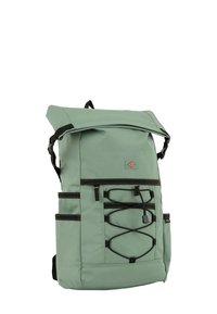 Green roll-top backpack made of durable fabric, featuring front bungee cord, multiple pockets, and black accents for added contrast.