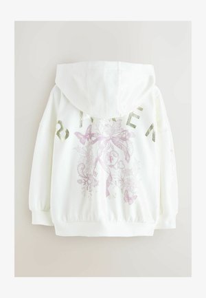 Valge kapuutsiga dressipluus, millel on roosa lillemuster ja tagaküljel metallik-kuldsete tähtedega kiri. Sisaldab kapuutsi kinnitusnööriga ning elastsete varrukaservadega.