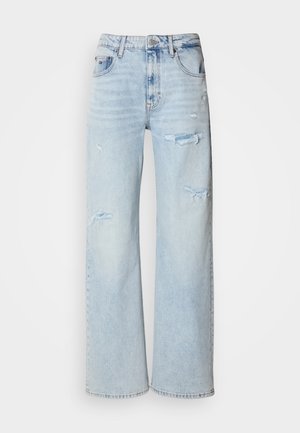 Light blue denim wide-leg jeans with distressed detailing, featuring a high waist, five-pocket design, and raw hem edges.