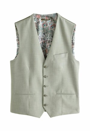 Lysegrå herrevest med fem knapper foran, tre lommer og blomsterprintet inderfor, synligt ved krave og ærmegab.