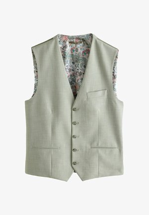 Világosszürke férfi mellény öt elülső gombbal, három zsebbel és virágmintás béléssel, amely a gallérnál és a karnyílásoknál látható.