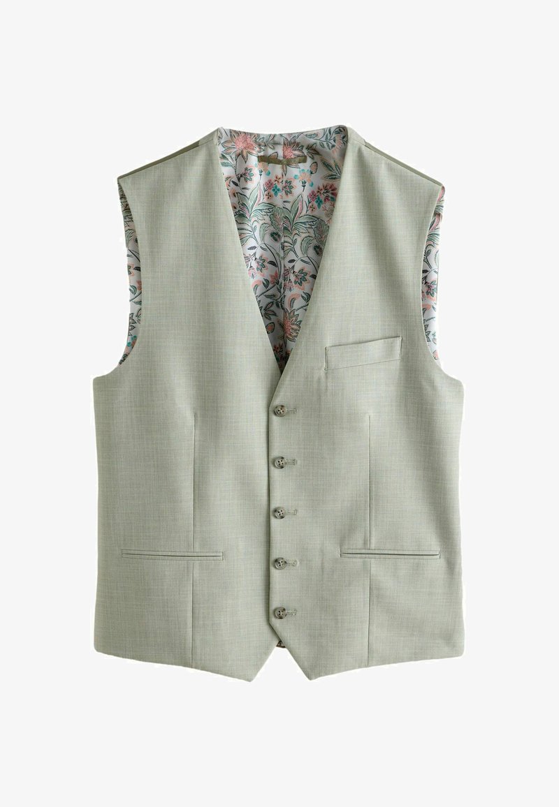 Lichtgrijs herenvest met vijf knopen aan de voorkant, drie zakken en een met bloemenpatroon gevoerde binnenkant zichtbaar bij de kraag en armgaten.