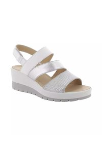 Sandaletta bianca con zeppa, dotata di tre strap testurizzate argentate e una suola bianca solida. Il design include una soletta imbottita per il massimo comfort.