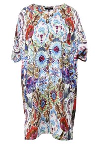 Bluse mit Blumenmuster in Übergröße aus leichtem Stoff. Sie hat lebendige Farben wie Blau, Rot und Grün, einen lockeren, entspannten Schnitt und kurze Ärmel.