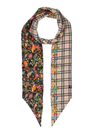 Long scarf with one side black featuring colorful forest animals and flowers, other side beige plaid with floral and bird detailing.