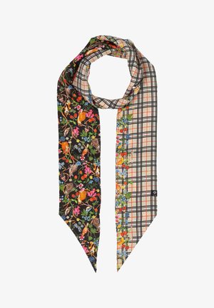 Langer Schal, auf der einen Seite schwarz mit farbenfrohen Waldtieren und Blumen, auf der anderen Seite beige kariert mit Blumen- und Vogeldetails.