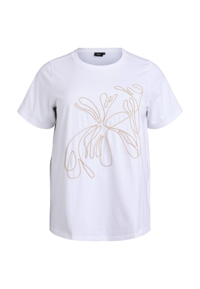 Camiseta blanca de algodón con un diseño bordado abstracto en beige en la parte frontal. Mangas cortas y escote redondo.