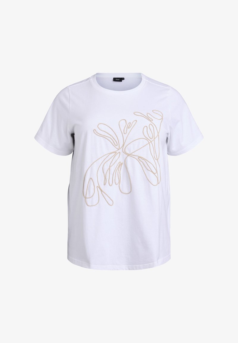 Witte katoenen t-shirt met een beige abstract geborduurd ontwerp op de voorkant. Korte mouwen en een ronde halslijn.