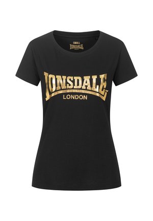 Black cotton t-shirt with a round neckline, featuring bold gold text reading "Lonsdale London" across the chest.