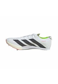 Scarpe da ginnastica bianche con strisce nere, materiale superiore texturizzato, interno del collare verde e suola chiodata. Accentuate dal logo "STRUNG".