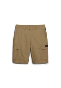 Pantaloni cargo color kaki realizzati in tessuto leggero, caratterizzati da due tasche laterali e due grandi tasche cargo con un logo a patch sul lato destro.