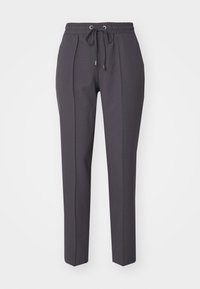 Pantalon gris foncé à coupe décontractée, fabriqué en tissu doux, avec une taille élastique et un cordon de serrage, et des jambes droites.