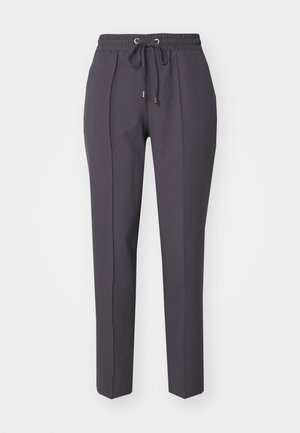 Dark grey trousers with a relaxed fit, made from a smooth fabric, featuring an elastic waistband and drawstring, and straight legs.