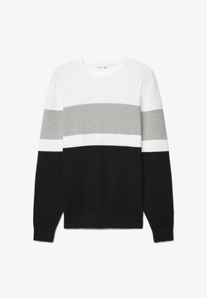 Maglione lavorato a maglia con righe orizzontali bianche, grigie e nere. Scollo rotondo, maniche lunghe, trama a coste e vestibilità leggermente ampia.