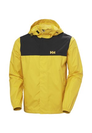 Yellow rain jacket with a black upper section. Features a hood, elastic cuffs, side pockets, and a logo on the chest. Waterproof material.