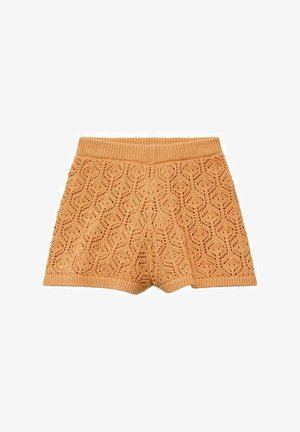 Pantaloni shorts a maglia di un arancione chiaro con un motivo a tessitura aperta e una vita a costine. Presentano una vestibilità rilassata e una lunghezza corta.