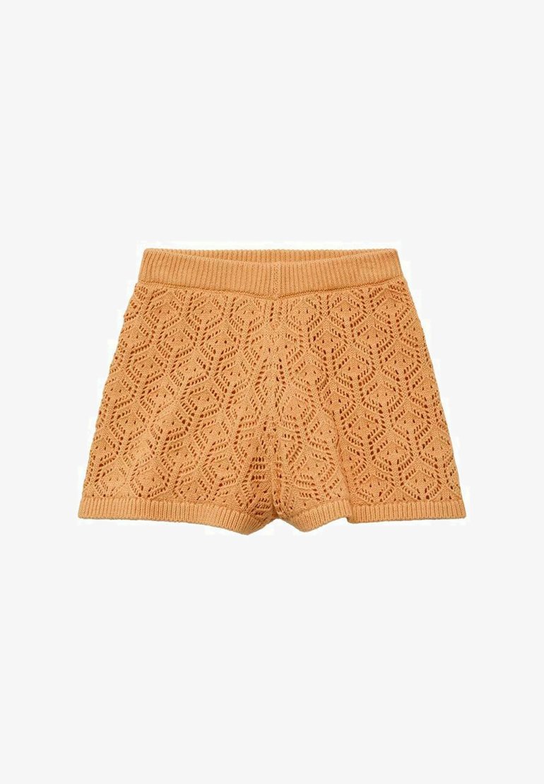 Stickade shorts i ljusorange med ett texturerat, öppet vävmönster och en ribbad midja. Har en avslappnad passform och kort längd.