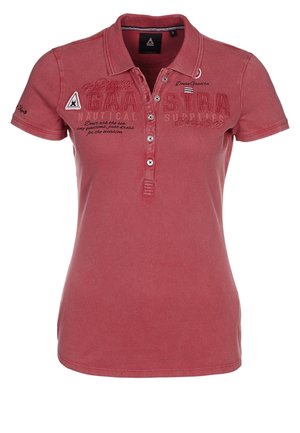 Red polo shirt in cotton blend, features a collar, two-button placket, short sleeves, and embroidered text detailing on the front.