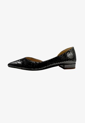 Chaussure plate en simili cuir noir à motif serpent, avec un bout pointu et un petit talon carré. Fini brillant, texture lisse et ouverture arrondie pour un enfilage facile.