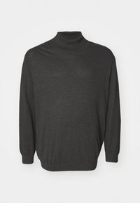 Dunkelgrauer Rollkragenpullover aus Strickstoff. Er verfügt über lange Ärmel und eine lockere Passform, mit gerippten Details am Kragen und Saum.
