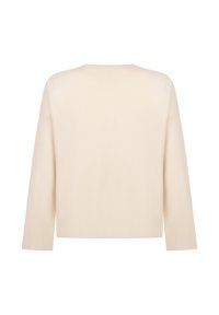 Crème sweater met lange mouwen, een ontspannen pasvorm, ronde halslijn en een zachte textuur. Eenvoudig ontwerp, geen zichtbare patronen of accenten.