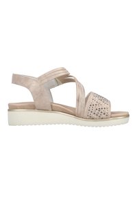 Light pink sandal with multiple thin straps, textured suede material, studded embellishments on the toe, and a white platform sole.